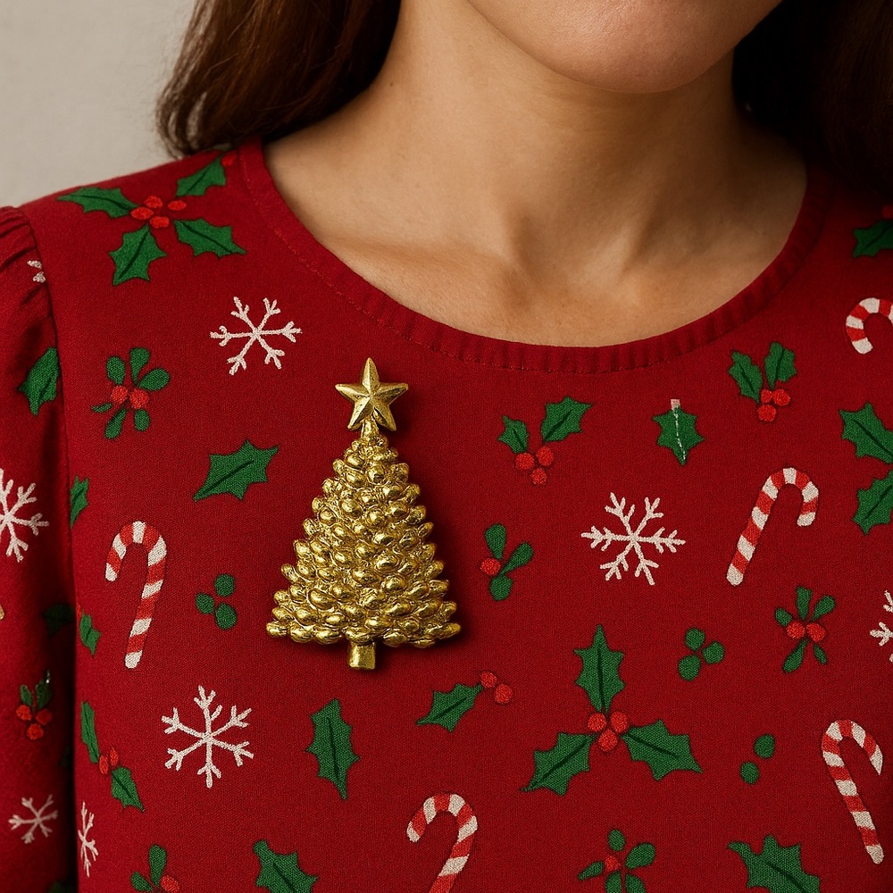 Christmas Tree Brooch Vintage Gold tone 2.5” tall